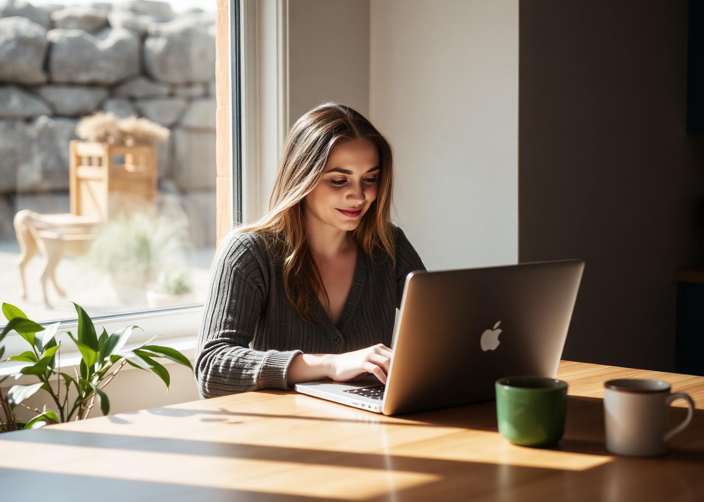 A woman working on a laptop at a sunlit kitchen table
